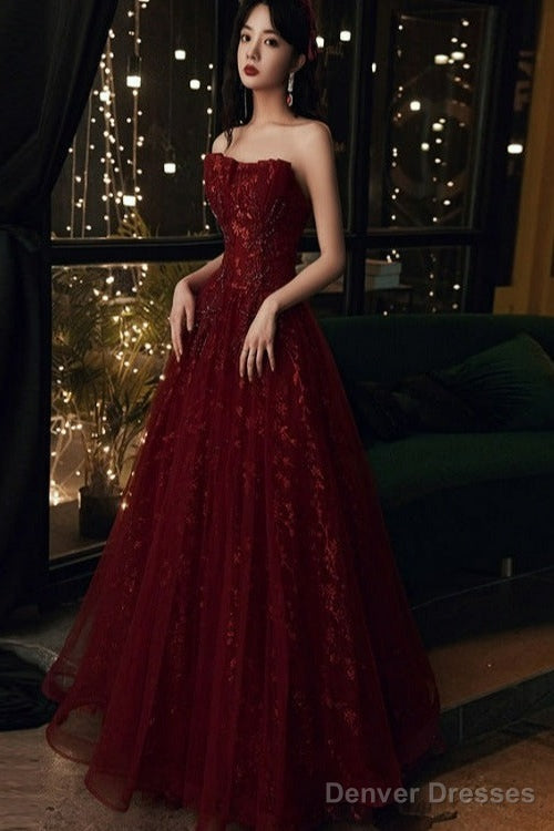 Wine Red Floral Lace And Tulle Long Evening Gown Party Dress, Burgundy Formal Dresses Main image
