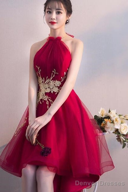 Wine Red Halter High Low Stylish Homecoming Dresses, Red Formal Dress, Pretty Party Dress Secondary image