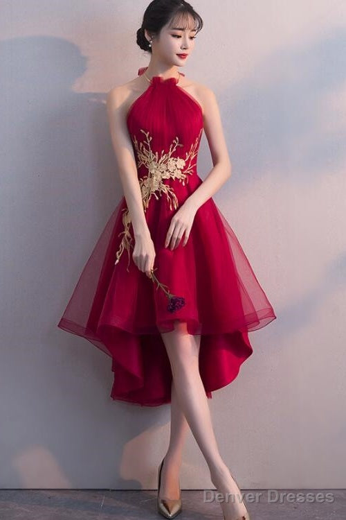 Wine Red Halter High Low Stylish Homecoming Dresses, Red Formal Dress, Pretty Party Dress Main image