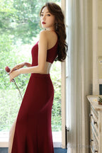 Wine Red Halter Long Spandex Long Formal Dress, Dark Red Evening Gown