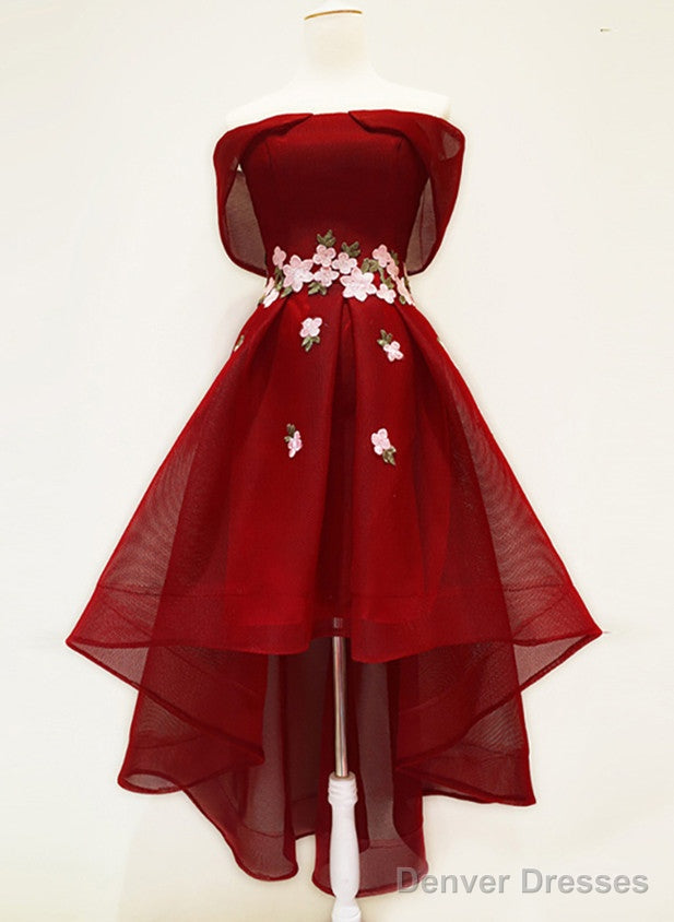 Wine Red High Low Off Shoulder Homecoming Dress, Dark Red Prom Dress Main image