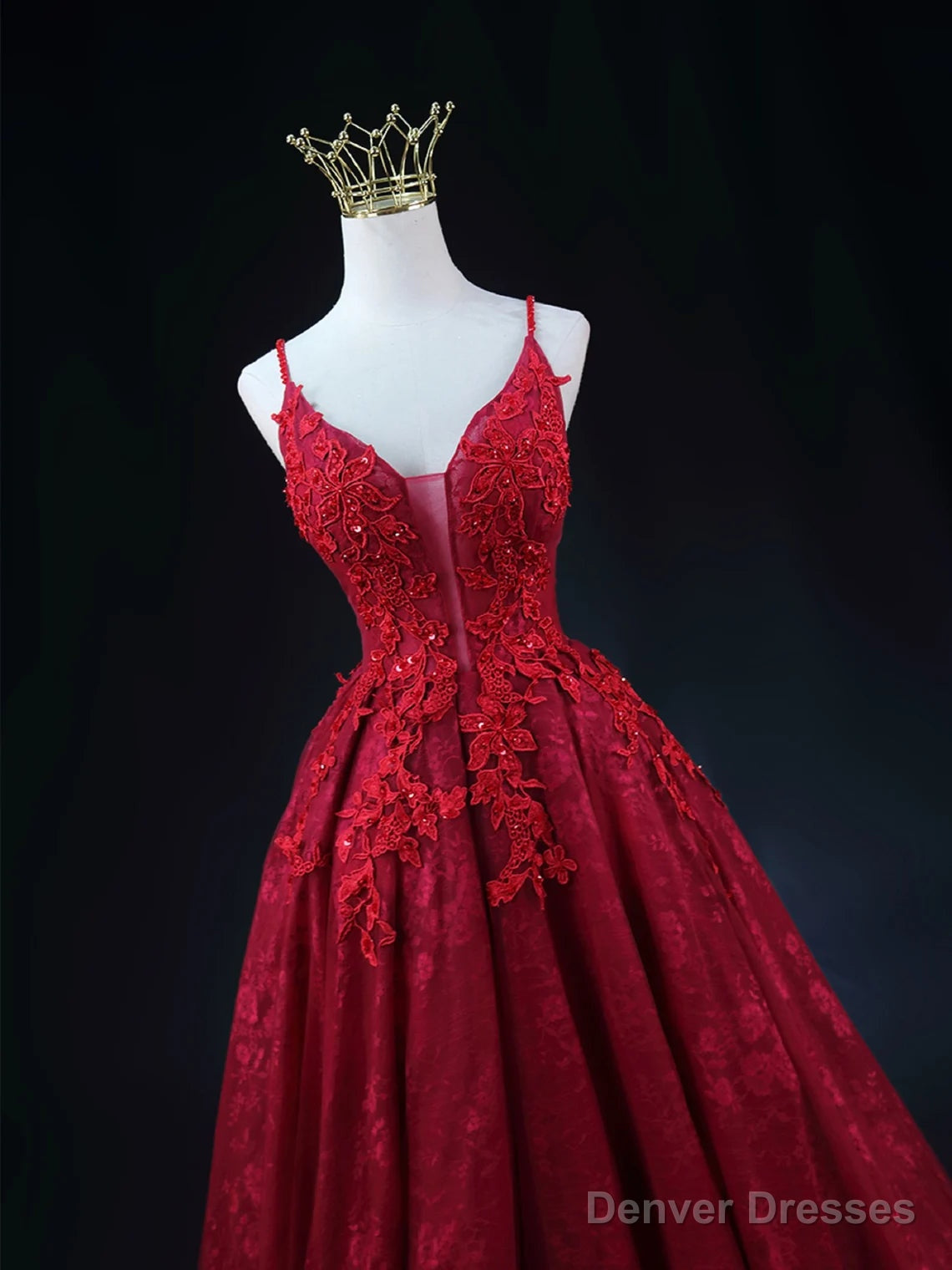 Wine Red Lace Applique Straps V-neckline Party Dress, Floor Length Wine Red Prom Dress Secondary image