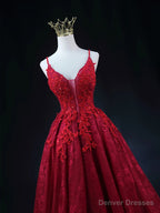 Wine Red Lace Applique Straps V-neckline Party Dress, Floor Length Wine Red Prom Dress