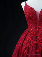 Wine Red Lace Applique Straps V-neckline Party Dress, Floor Length Wine Red Prom Dress