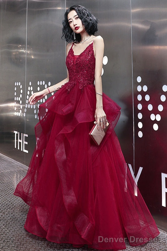 Wine Red Lace Applique V-Neckline Long Straps Formal Dress, Dark Red Prom Dresses Secondary image