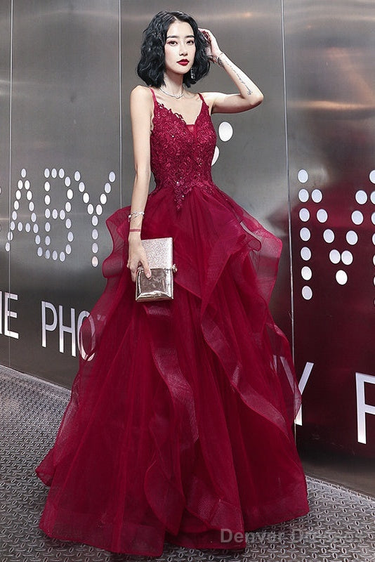 Wine Red Lace Applique V-Neckline Long Straps Formal Dress, Dark Red Prom Dresses