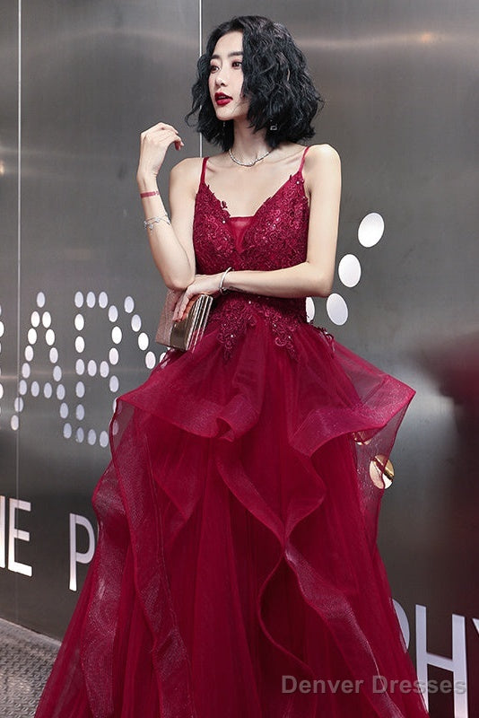 Wine Red Lace Applique V-Neckline Long Straps Formal Dress, Dark Red Prom Dresses