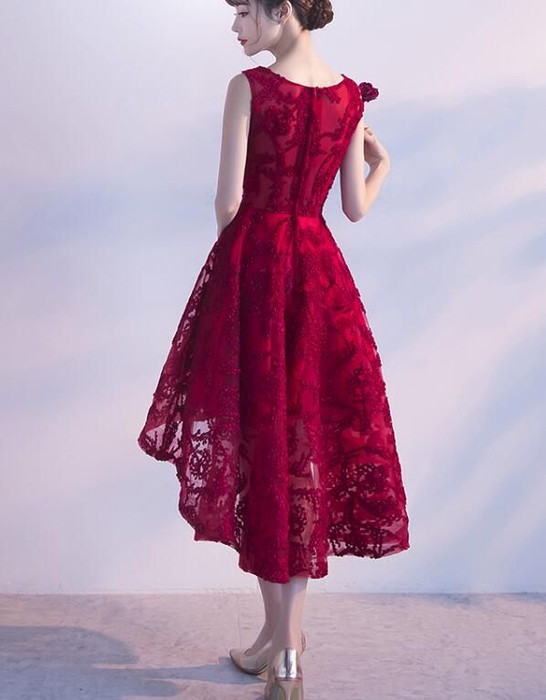 Wine Red Lace High Low Charming Formal Dress, Junior Party Dress, Cute Prom Dress