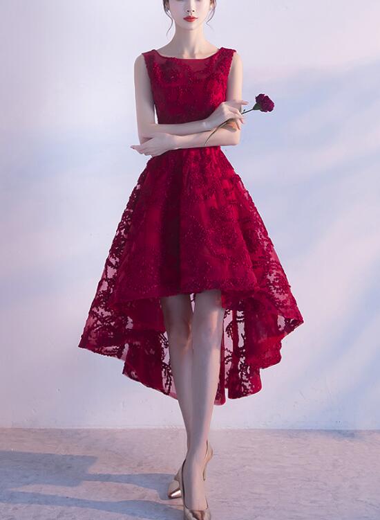 Wine Red Lace High Low Charming Formal Dress, Junior Party Dress, Cute Prom Dress Main image
