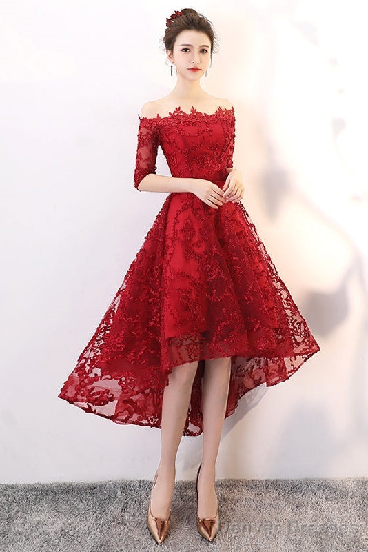 Wine Red Lace High Low Lovely Short Off Shoulder Party Dress, High Low Homeocming Dress Prom Dress Secondary image