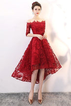 Wine Red Lace High Low Lovely Short Off Shoulder Party Dress, High Low Homeocming Dress Prom Dress