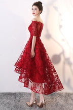 Wine Red Lace High Low Lovely Short Off Shoulder Party Dress, High Low Homeocming Dress Prom Dress