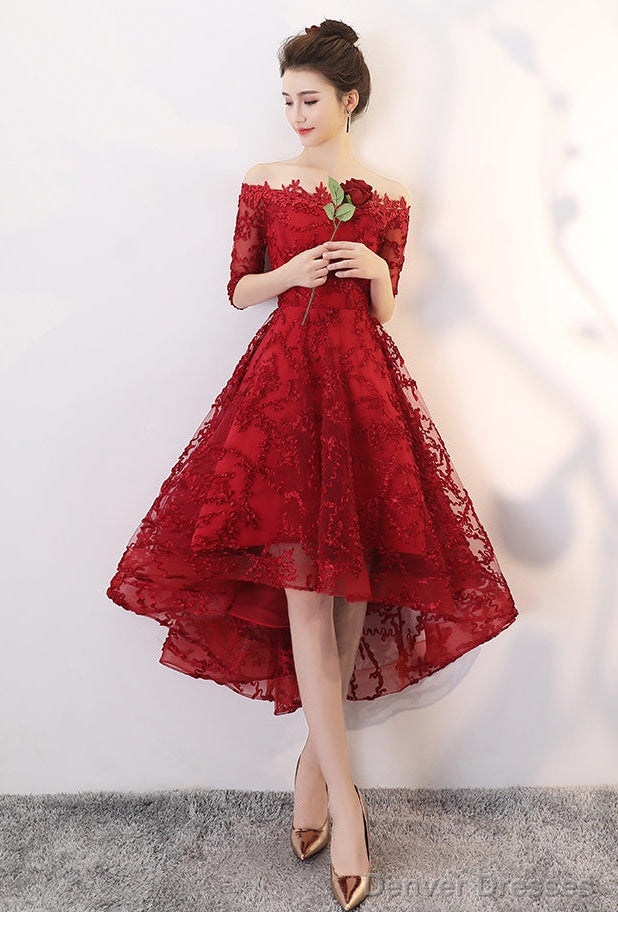 Wine Red Lace High Low Lovely Short Off Shoulder Party Dress, High Low Homeocming Dress Prom Dress Main image