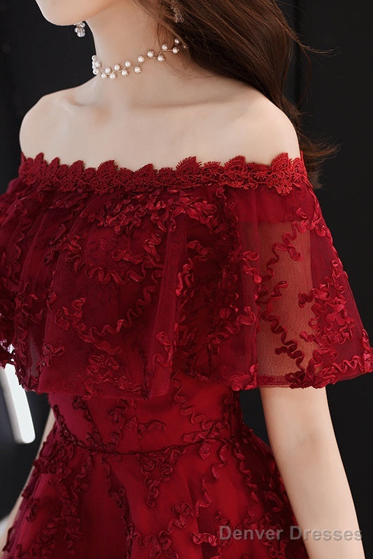 Wine Red Lace High Low Off Shoulder Party Dress, Dark Red Homecoming Dress Secondary image