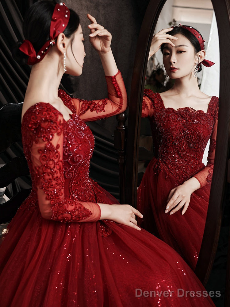 Wine Red Lace Long Sleeves Low Back Tulle Prom Dress, Wine Red Beaded Party Dress