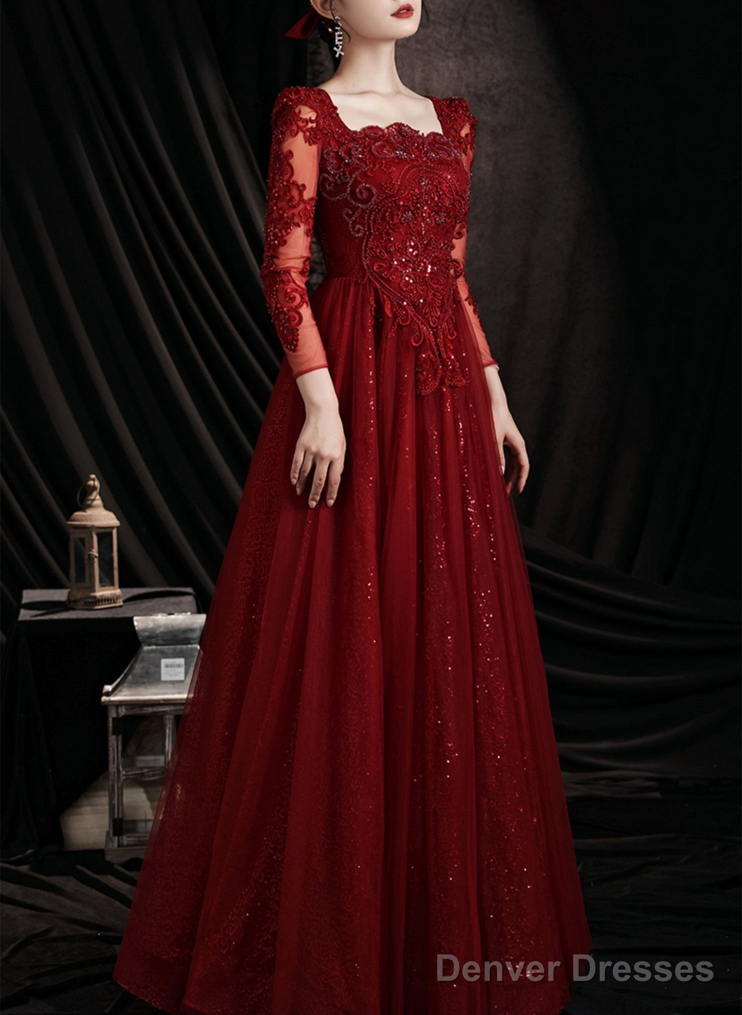 Wine Red Lace Long Sleeves Low Back Tulle Prom Dress, Wine Red Beaded Party Dress Main image