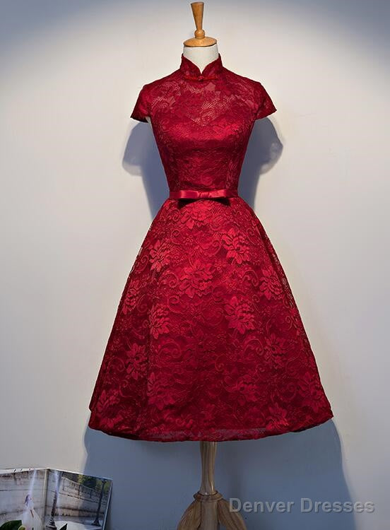 Wine Red Lace Tea Length Wedding Party Dresses, Beautiful Lace Formal Dresses Main image