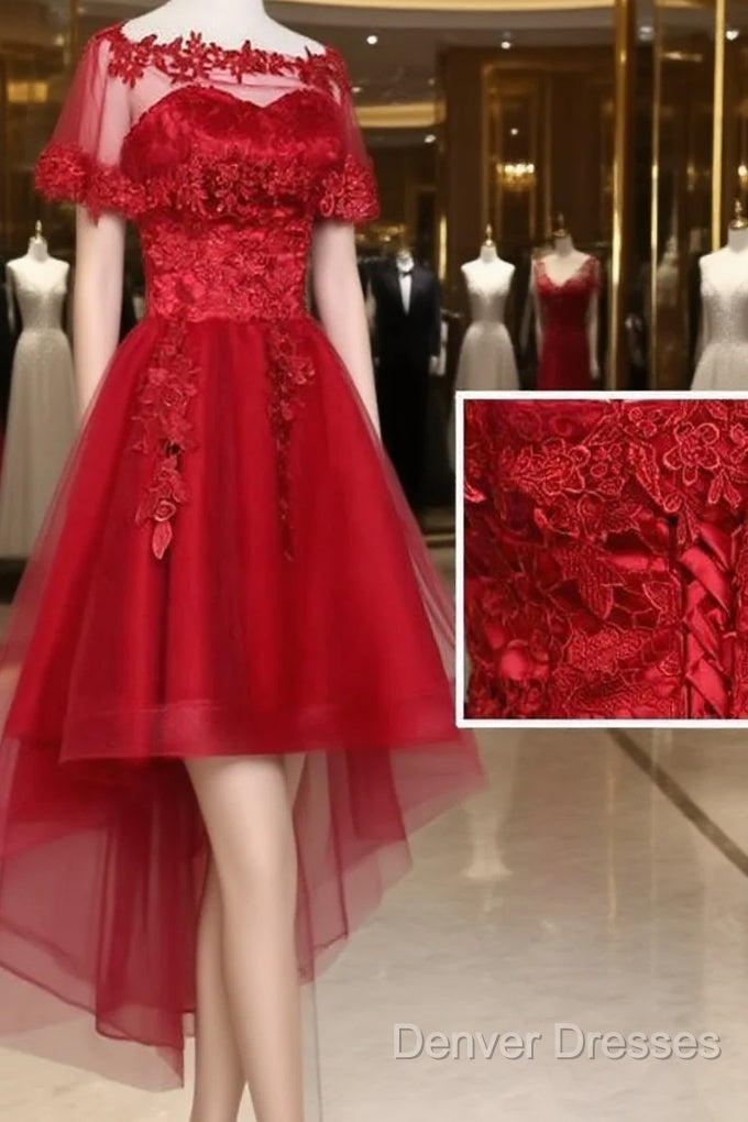 Wine Red Lace Tulle High Low Lace Formal Homecoming Dress Main image