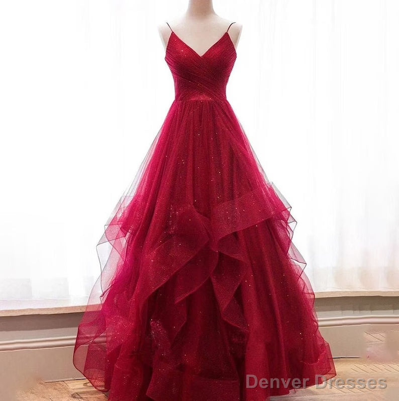 Wine Red Layers Tulle V-neckline Straps Formal Dress, Wine Red Evening Dress Party Dress Main image