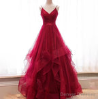 Wine Red Layers Tulle V-neckline Straps Formal Dress, Wine Red Evening Dress Party Dress