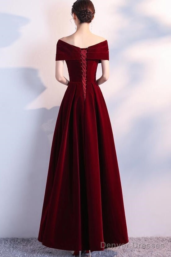 Wine Red Long Party Dress Velvet Evening Dress, A-Line Off Shoulder Prom Dress Secondary image