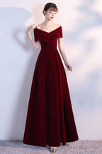 Wine Red Long Party Dress Velvet Evening Dress, A-Line Off Shoulder Prom Dress