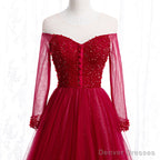 Wine Red Long Sleeves Beaded Tulle Evening Gown, A-line Wine Red Long Prom Dress