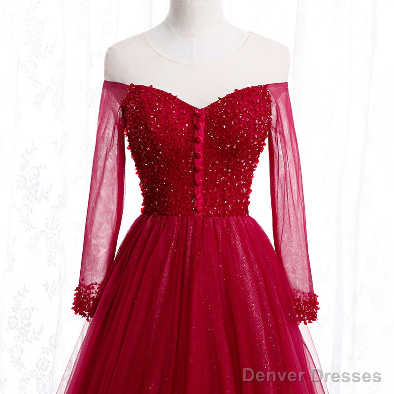 Wine Red Long Sleeves Beaded Tulle Evening Gown, A-line Wine Red Long Prom Dress