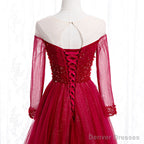 Wine Red Long Sleeves Beaded Tulle Evening Gown, A-line Wine Red Long Prom Dress