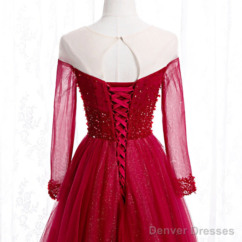 Wine Red Long Sleeves Beaded Tulle Evening Gown, A-line Wine Red Long Prom Dress