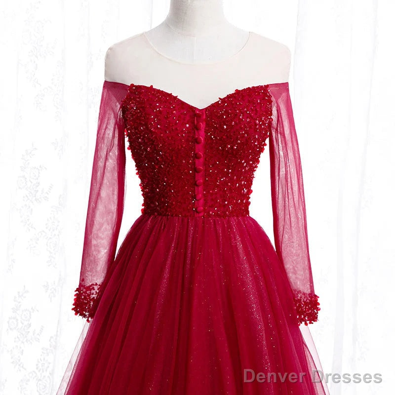 Wine Red Long Sleeves Beaded Tulle Evening Gown A-line Wine Red Long Prom Dress prom dresses shops