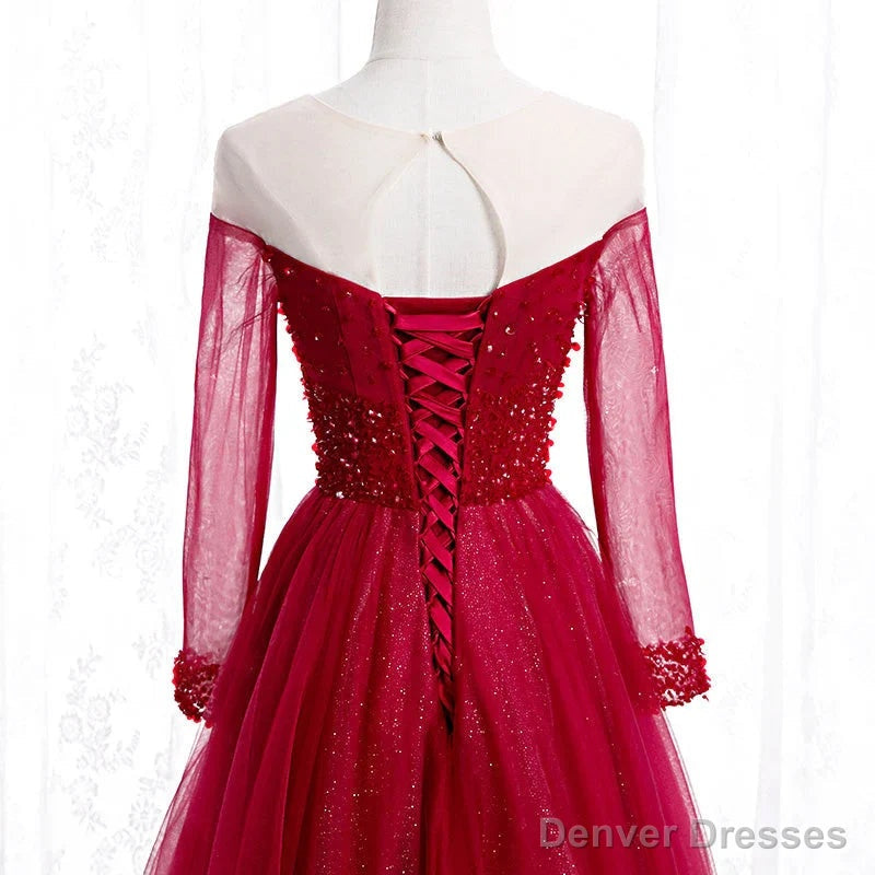 Wine Red Long Sleeves Beaded Tulle Evening Gown A-line Wine Red Long Prom Dress prom dresses shops
