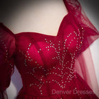 Wine Red Long Sleeves Tulle Evening Gown Prom Dress, Dark Red Beaded Party Dress