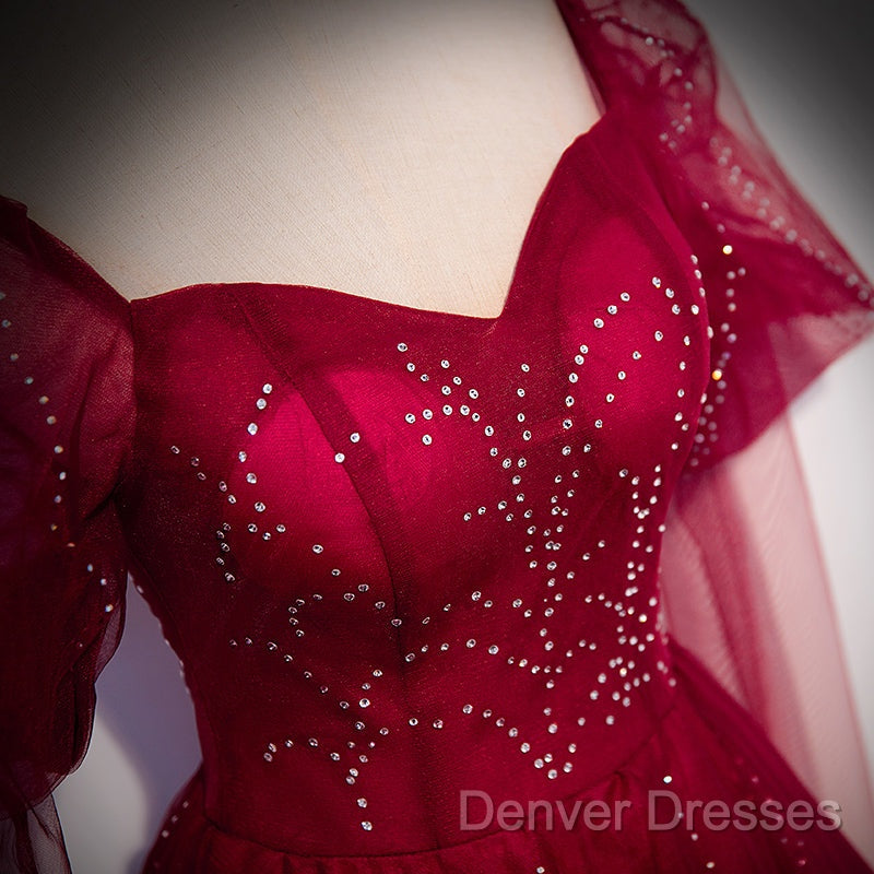 Wine Red Long Sleeves Tulle Evening Gown Prom Dress, Dark Red Beaded Party Dress Secondary image