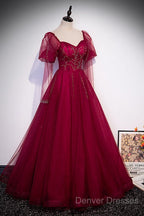 Wine Red Long Sleeves Tulle Evening Gown Prom Dress, Dark Red Beaded Party Dress