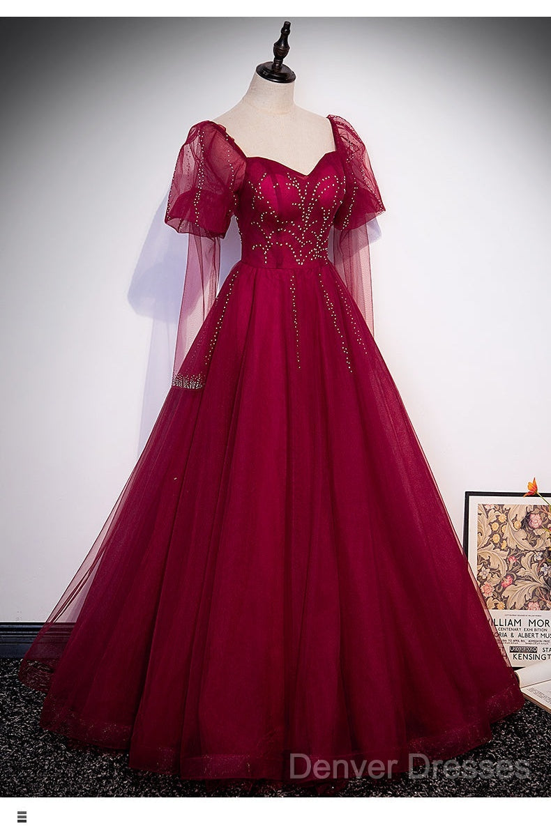 Wine Red Long Sleeves Tulle Evening Gown Prom Dress, Dark Red Beaded Party Dress