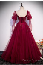 Wine Red Long Sleeves Tulle Evening Gown Prom Dress, Dark Red Beaded Party Dress