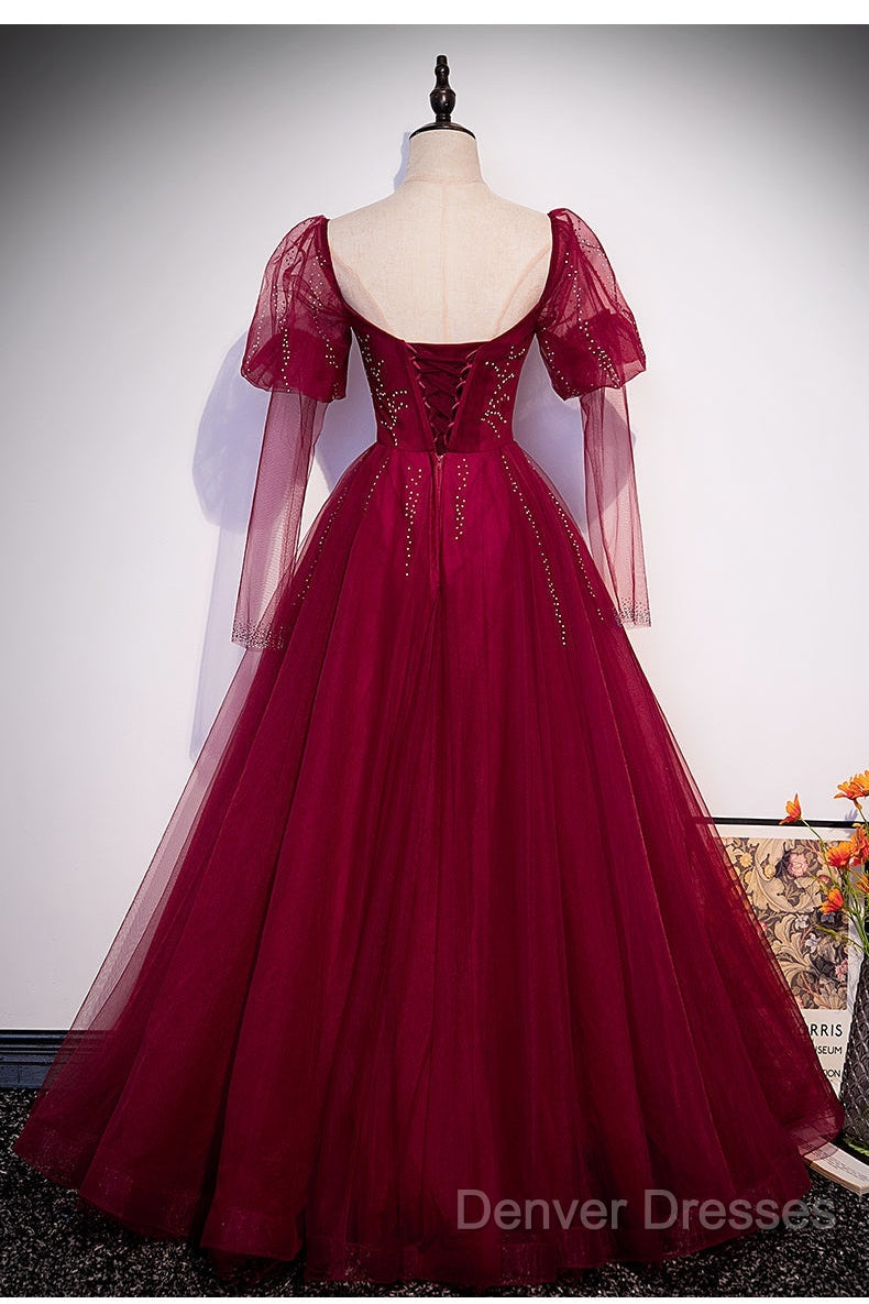 Wine Red Long Sleeves Tulle Evening Gown Prom Dress, Dark Red Beaded Party Dress