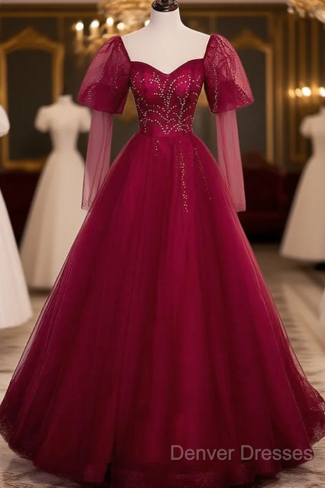 Wine Red Long Sleeves Tulle Evening Gown Prom Dress, Dark Red Beaded Party Dress Main image