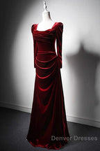 Wine Red Long Sleeves Velvet Long Party Dress, Wine Red A-Line Prom Dress Wedding Party Dress