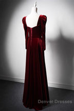 Wine Red Long Sleeves Velvet Long Party Dress, Wine Red A-Line Prom Dress Wedding Party Dress