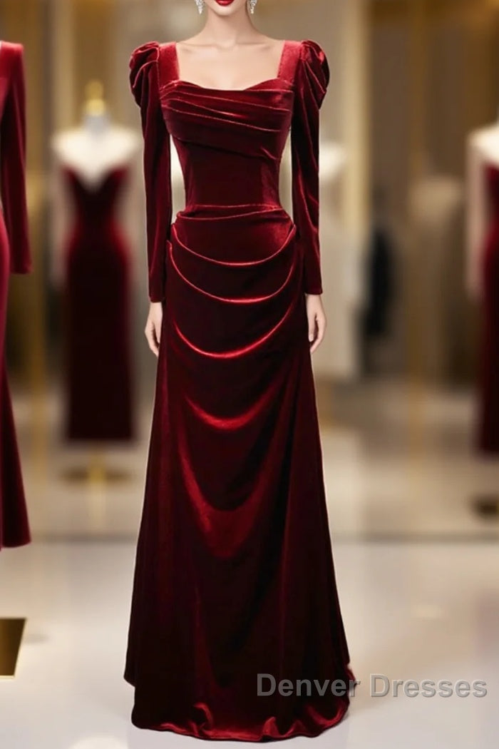 Wine Red Long Sleeves Velvet Long Party Dress, Wine Red A-Line Prom Dress Wedding Party Dress Main image