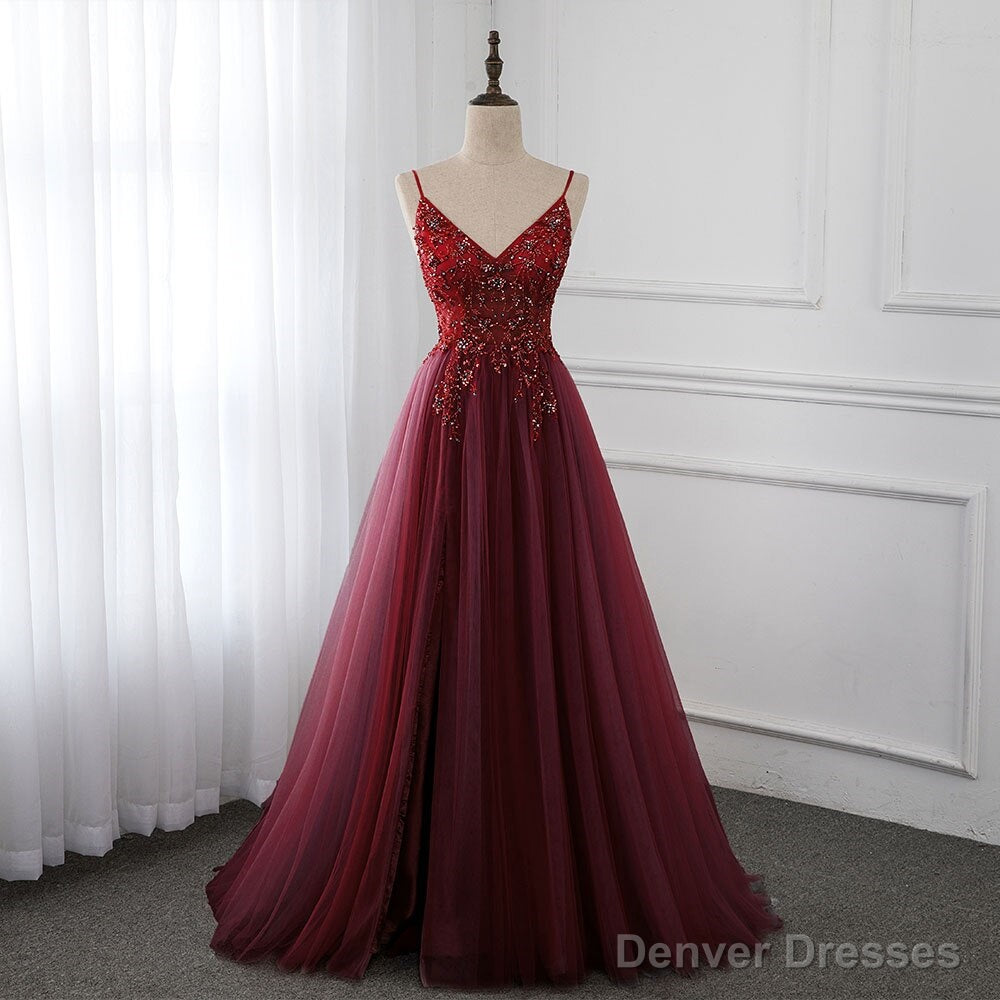 Wine Red Long Tulle V-neckline Beaded Junior Prom Dress, Dark Red Party Dress Main image