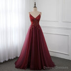 Wine Red Long Tulle V-neckline Beaded Junior Prom Dress, Dark Red Party Dress