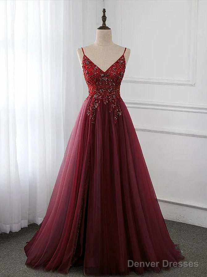 Wine Red Long Tulle V-neckline Beaded Junior Prom Dress, Dark Red Party Dress Secondary image