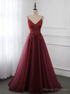 Wine Red Long Tulle V-neckline Beaded Junior Prom Dress, Dark Red Party Dress