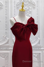 Wine Red Mermaid Evening Gown With Leg Slit, Straps Long Prom Dress