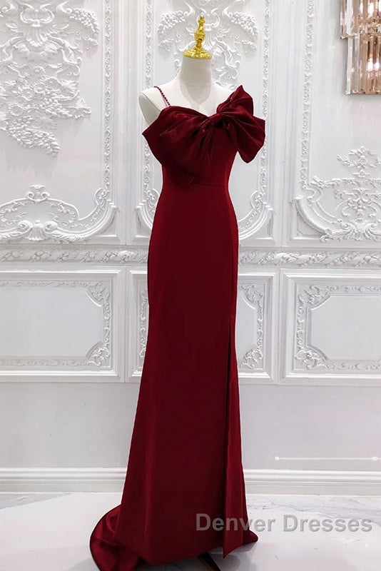 Wine Red Mermaid Evening Gown With Leg Slit, Straps Long Prom Dress