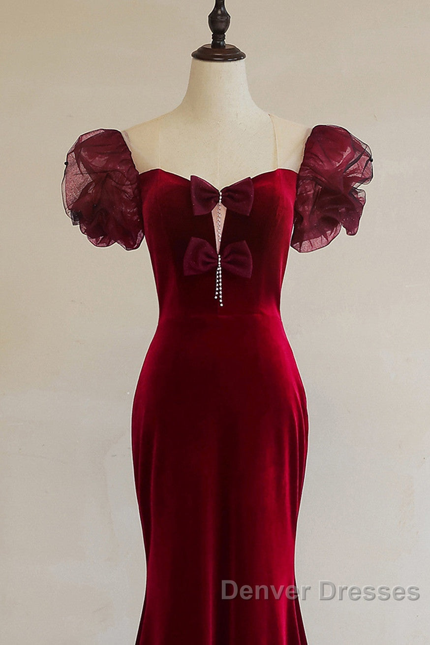 Wine Red Mermaid Long Party Dress With Bow, Wine Red Evening Dress Prom Dress Secondary image