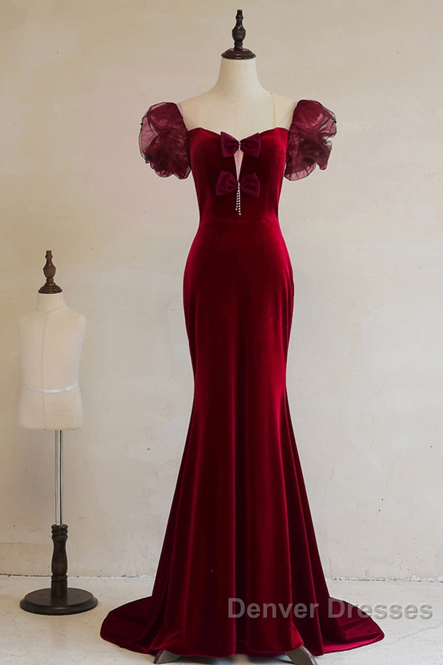Wine Red Mermaid Long Party Dress With Bow, Wine Red Evening Dress Prom Dress
